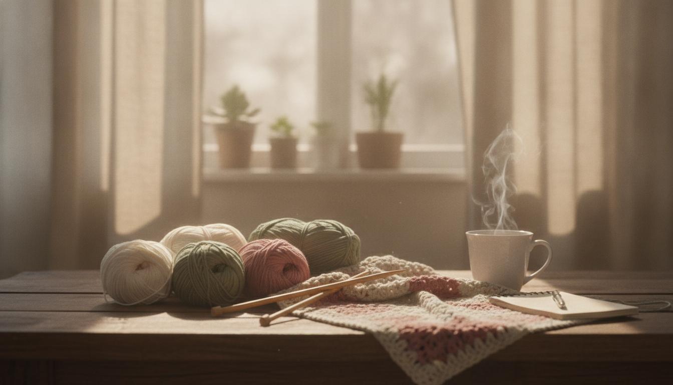 Cozy crafting workspace with yarn and knitting supplies